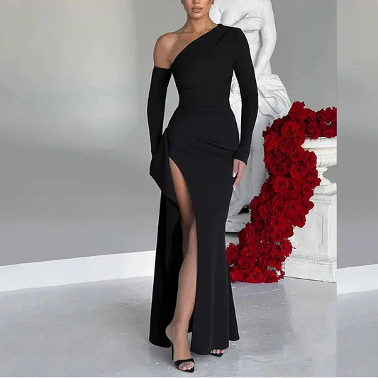 Knitted One-Shoulder Long Sleeve Split Dress for Women
