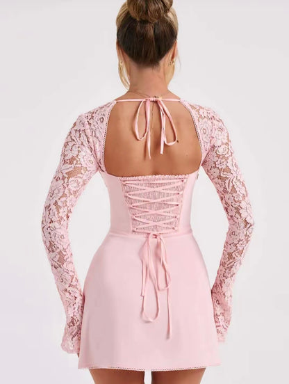 Lace Corset Long Sleeve Backless Dress