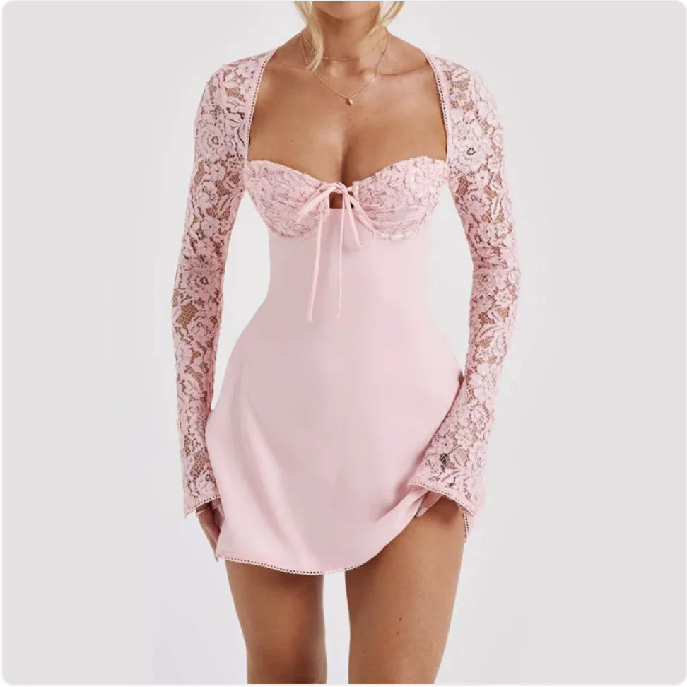 Lace Corset Long Sleeve Backless Dress